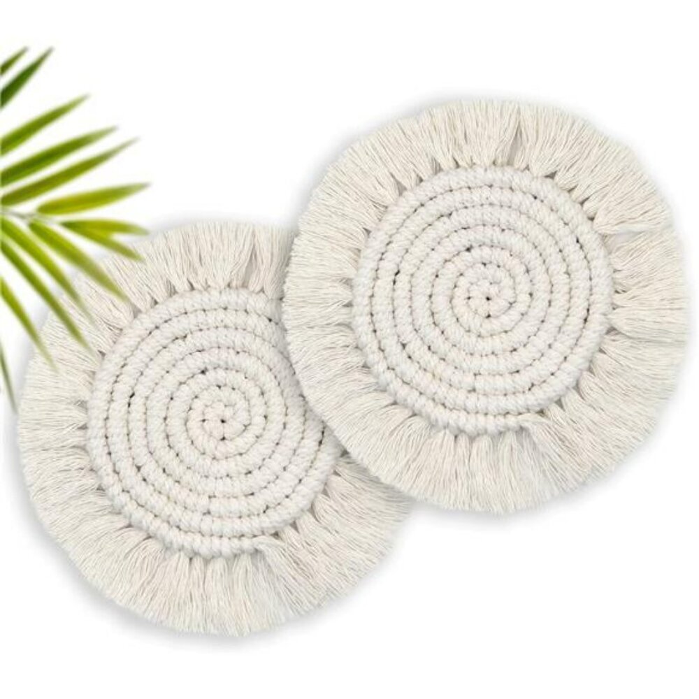 Boho Macrame Drink Coasters Set of 2 Large 7 Inch Woven Absorbent Cup Holder